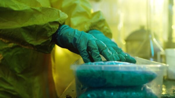 A person in a hazmat suit and gloves processing and manufacturing methaphetamine