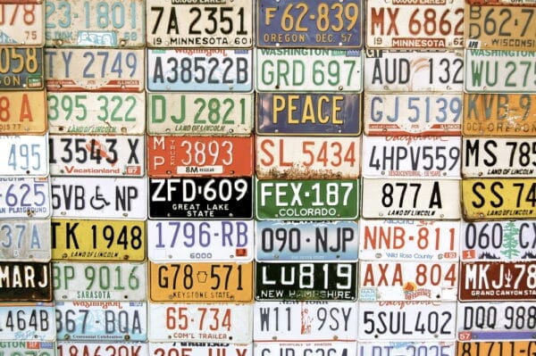 A collection of license plates from multiple states to illustrate DUIs involving out of state drivers